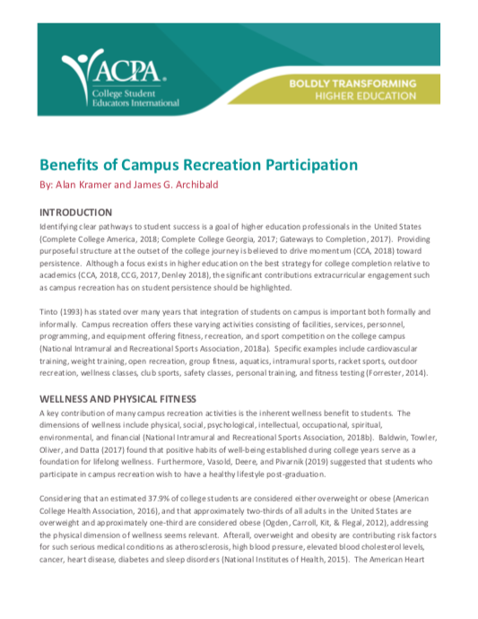 This is a screenshot of the first page of the paper &quot;Benefits of Campus Recreation Participation&quot;