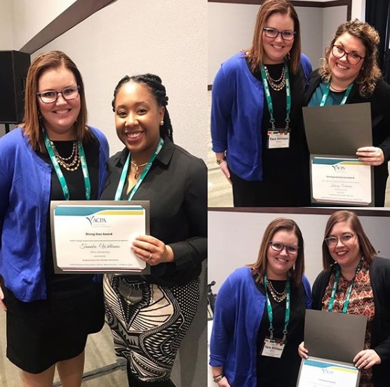 2019 ACPA Commission for Career Services award winners (Tamika Williams, Kacey Schaum, and Christina Salvadore) with Chair Tara Miliken at our open commission meeting. 