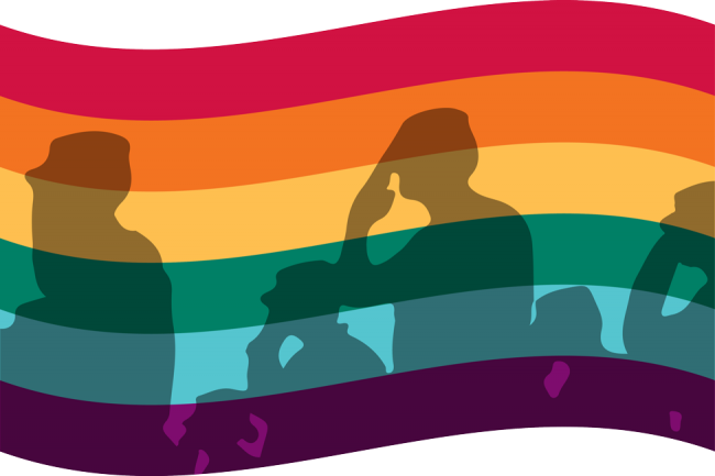 Logo with Veterans behind a rainbow flag. 